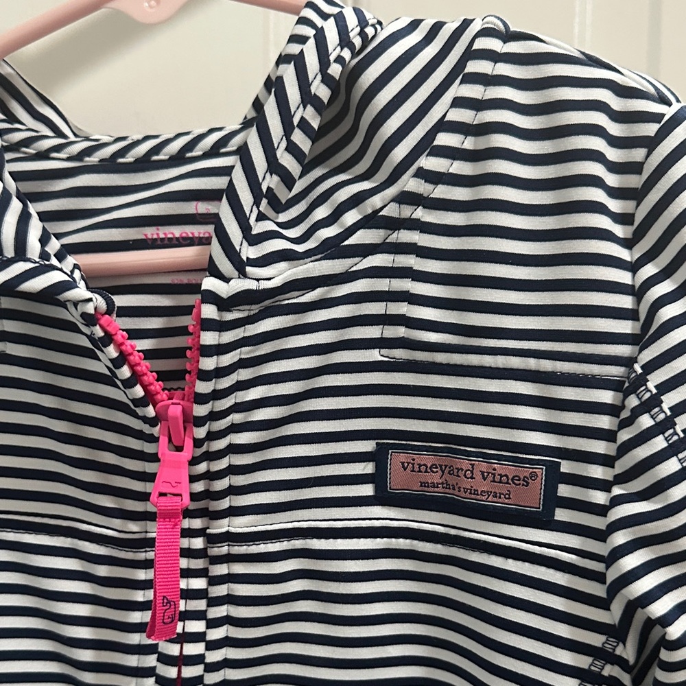 Striped navy and White Hoodie with Pink Accents